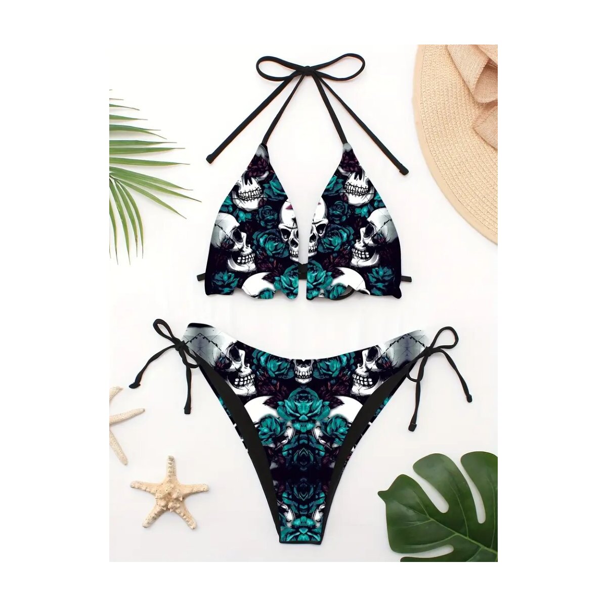 ROCK-HUS Bikini Triangle Skull´n Roses Weis Grün Rot