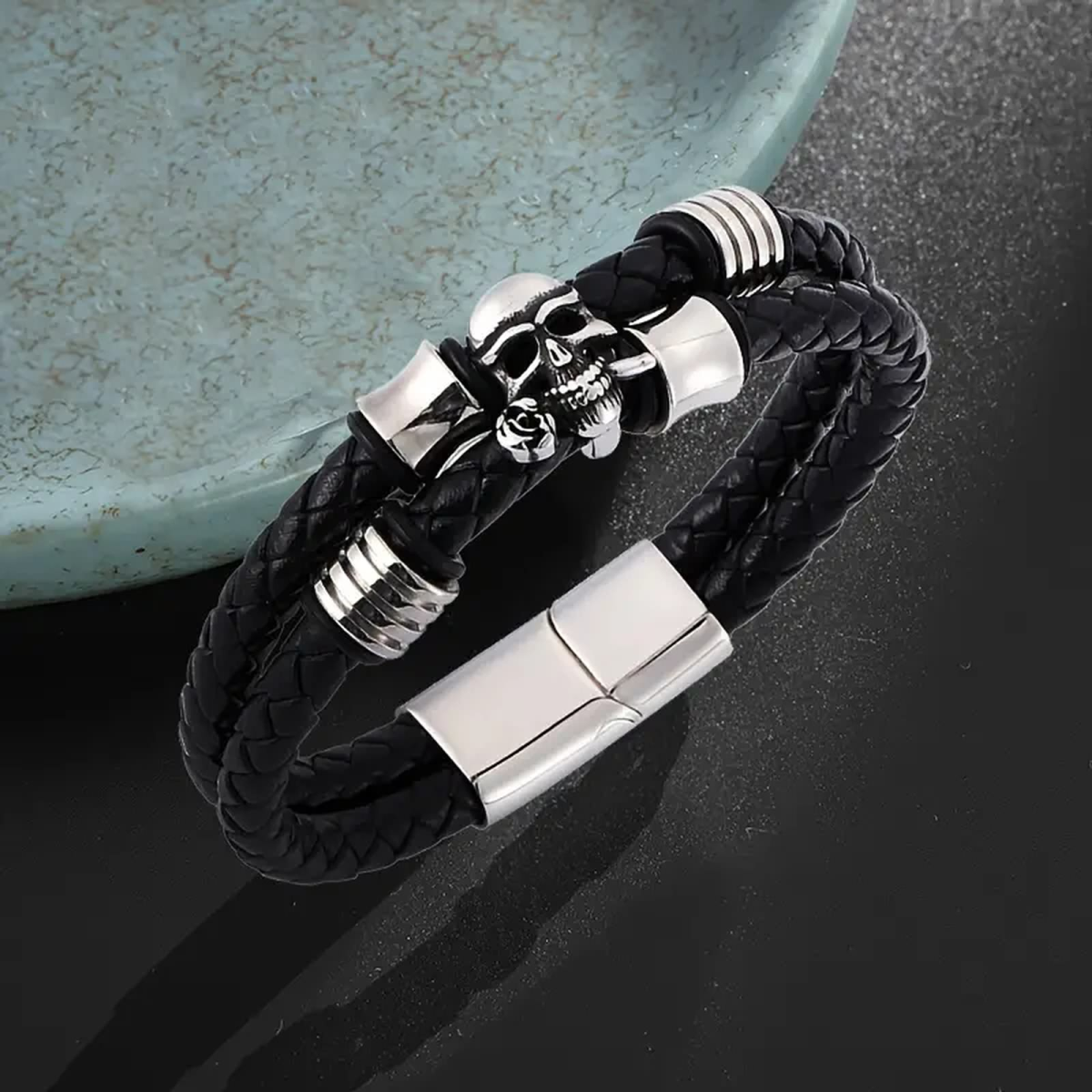 ROCK-HUS Armband Leder mit Symbol aus Metall Skull Rose - Leder Schwarz